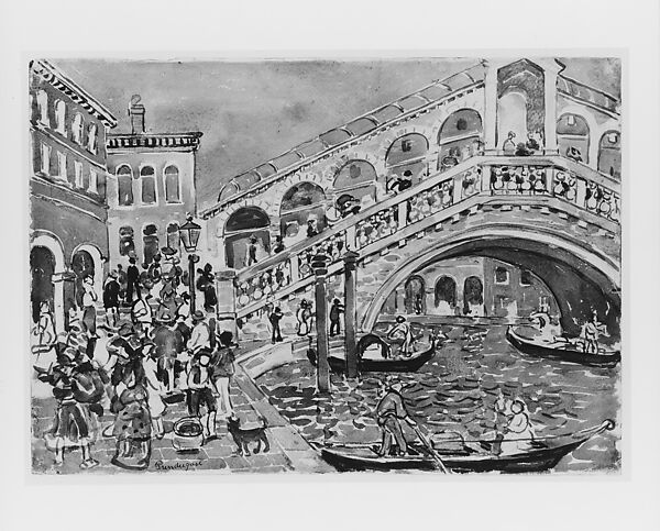 Rialto Bridge (Covered Bridge, Venice), Maurice Brazil Prendergast  (American, St. John’s, Newfoundland 1858–1924 New York), Watercolor and graphite on off-white wove paper, American