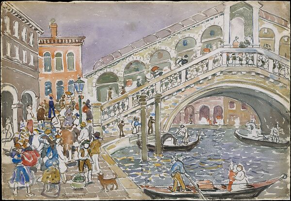 Rialto Bridge (Covered Bridge, Venice), Maurice Brazil Prendergast  (American, St. John’s, Newfoundland 1858–1924 New York), Watercolor and graphite on off-white wove paper, American 