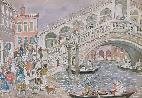 Rialto Bridge (Covered Bridge, Venice), Maurice Brazil Prendergast  (American, St. John’s, Newfoundland 1858–1924 New York), Watercolor and graphite on off-white wove paper, American
