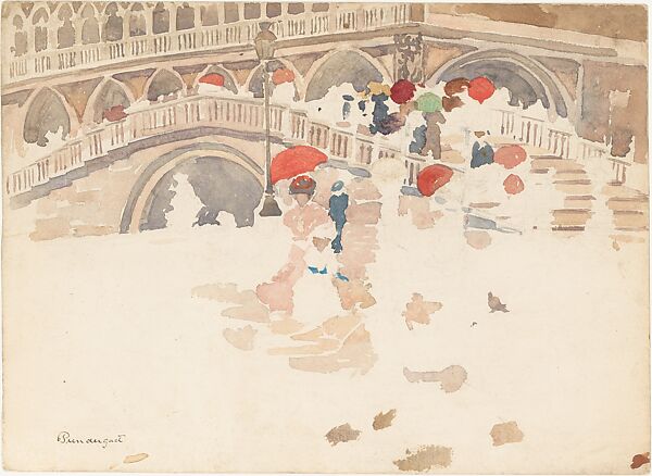 Umbrellas in the Rain, Venice, Maurice Brazil Prendergast  (American, St. John’s, Newfoundland 1858–1924 New York), Watercolor and graphite on off-white wove paper, American 