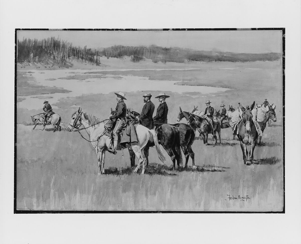 On the Head-Waters--Burgess Finding a Ford, Frederic Remington (American, Canton, New York 1861–1909 Ridgefield, Connecticut), Watercolor on paper, American