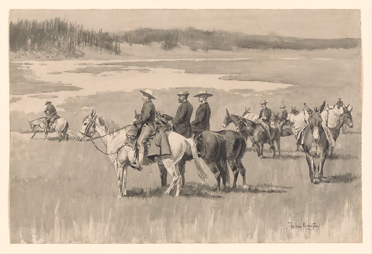 On the Head-Waters--Burgess Finding a Ford, Frederic Remington (American, Canton, New York 1861–1909 Ridgefield, Connecticut), Watercolor on paper, American 