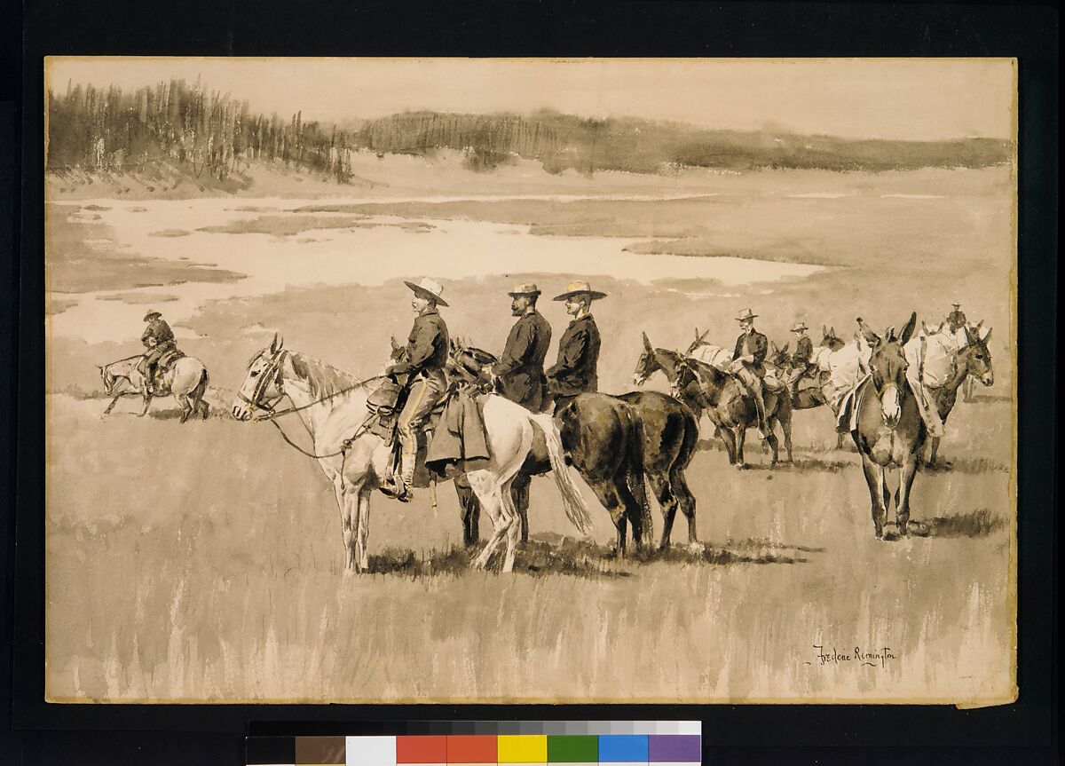 On the Head-Waters--Burgess Finding a Ford, Frederic Remington (American, Canton, New York 1861–1909 Ridgefield, Connecticut), Watercolor on paper, American