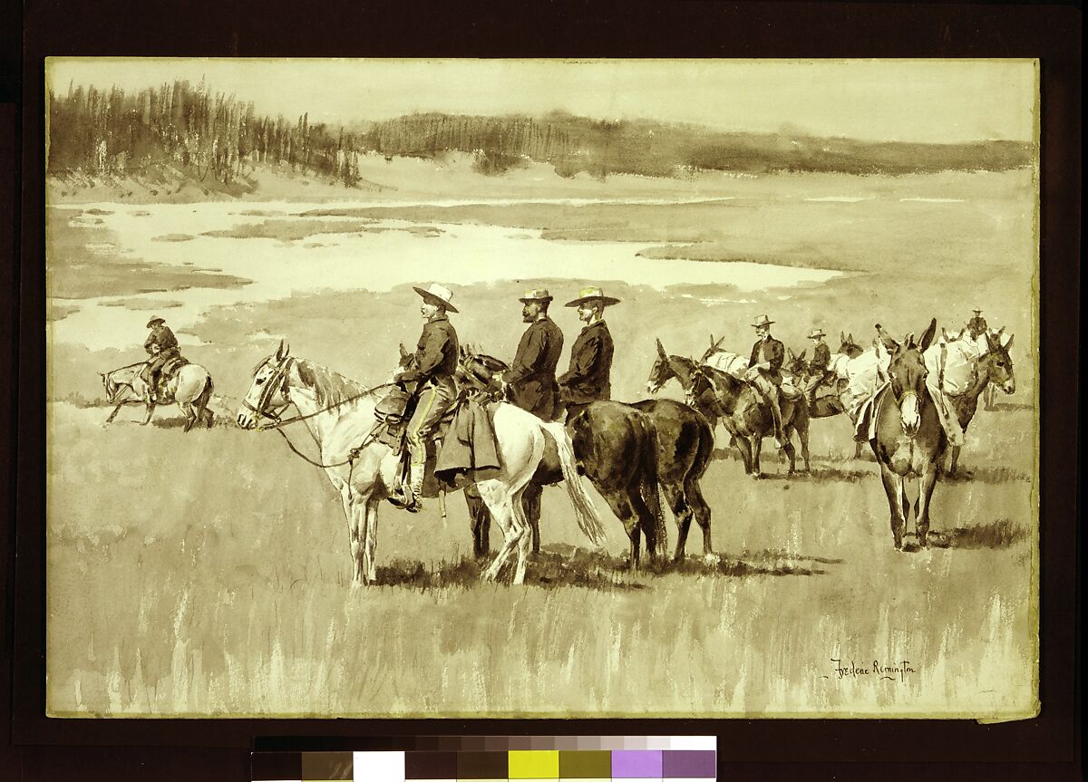On the Head-Waters--Burgess Finding a Ford, Frederic Remington (American, Canton, New York 1861–1909 Ridgefield, Connecticut), Watercolor on paper, American