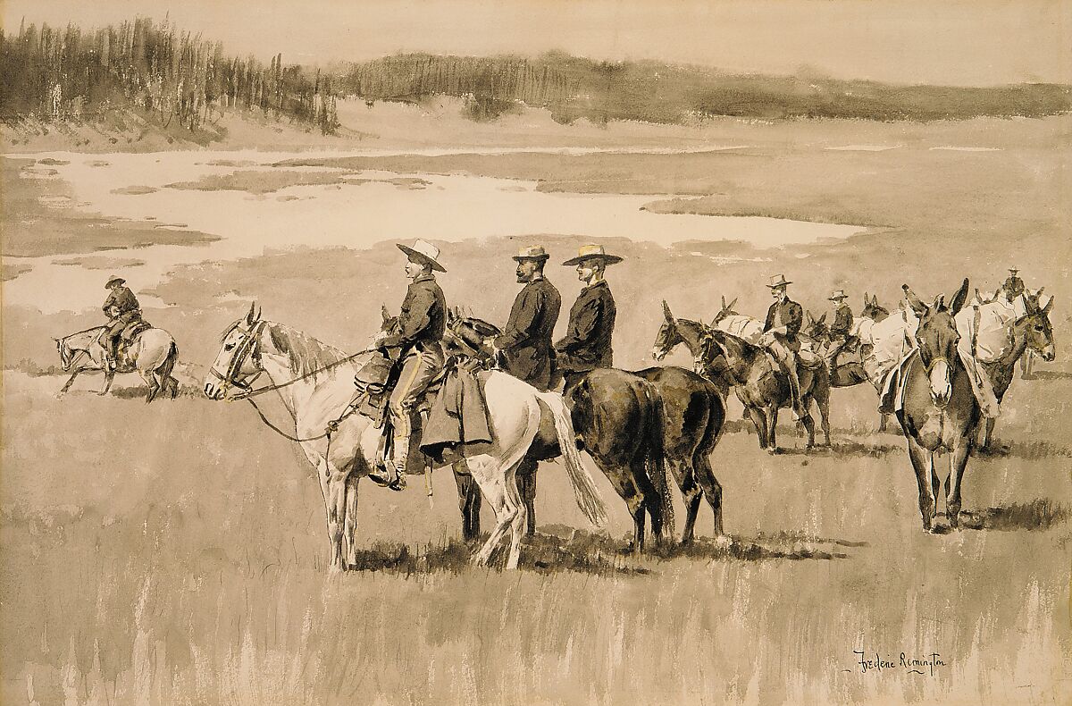 On the Head-Waters--Burgess Finding a Ford, Frederic Remington (American, Canton, New York 1861–1909 Ridgefield, Connecticut), Watercolor on paper, American