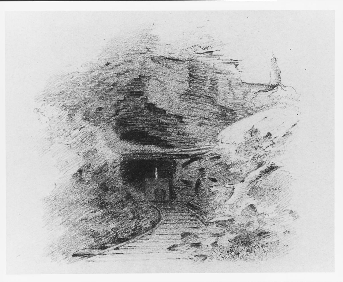 Entrance to a Coal Mine in the Valley of Wyoming, Pennsylvania (Entrance to a Coal Mine, Susquehanna), Thomas Addison Richards (1820–1900), Graphite and white chalk on brown wove paper, American