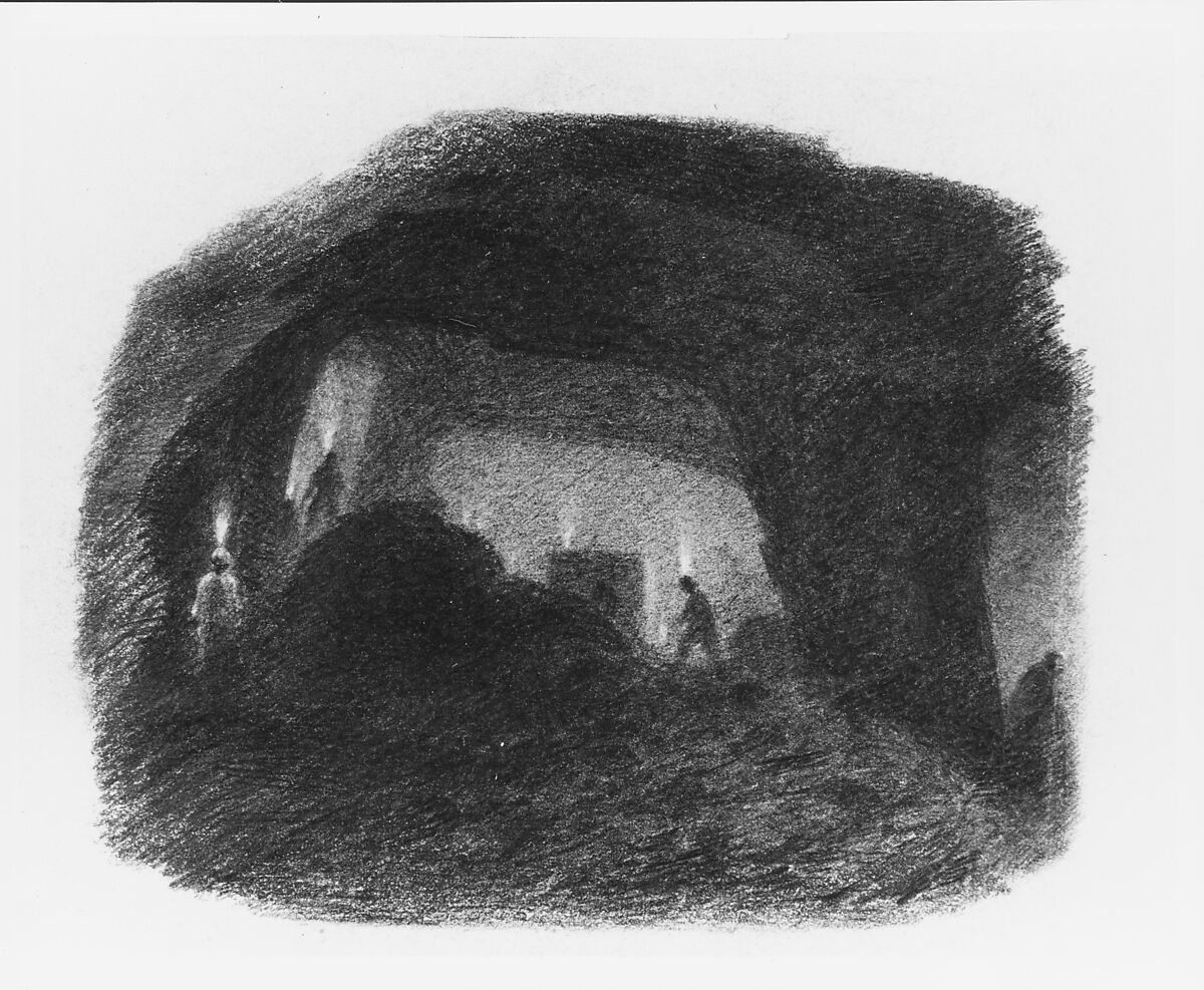 In the Valley of Wyoming, Pennsylvania (Interior of a Coal Mine, Susquehanna), Thomas Addison Richards (1820–1900), Graphite and white chalk on light brown wove paper, American