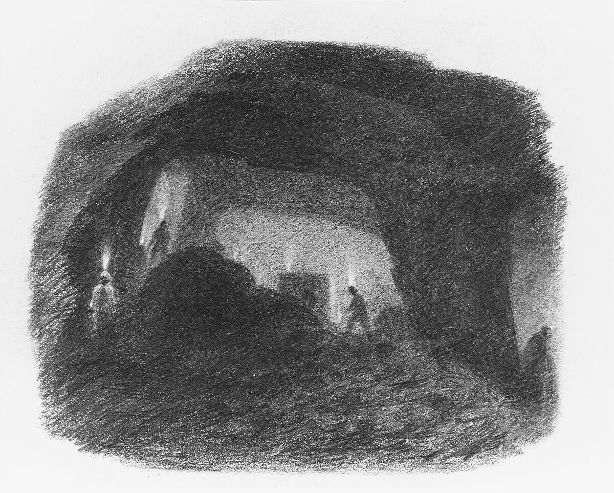 In the Valley of Wyoming, Pennsylvania (Interior of a Coal Mine, Susquehanna), Thomas Addison Richards (1820–1900), Graphite and white chalk on light brown wove paper, American 