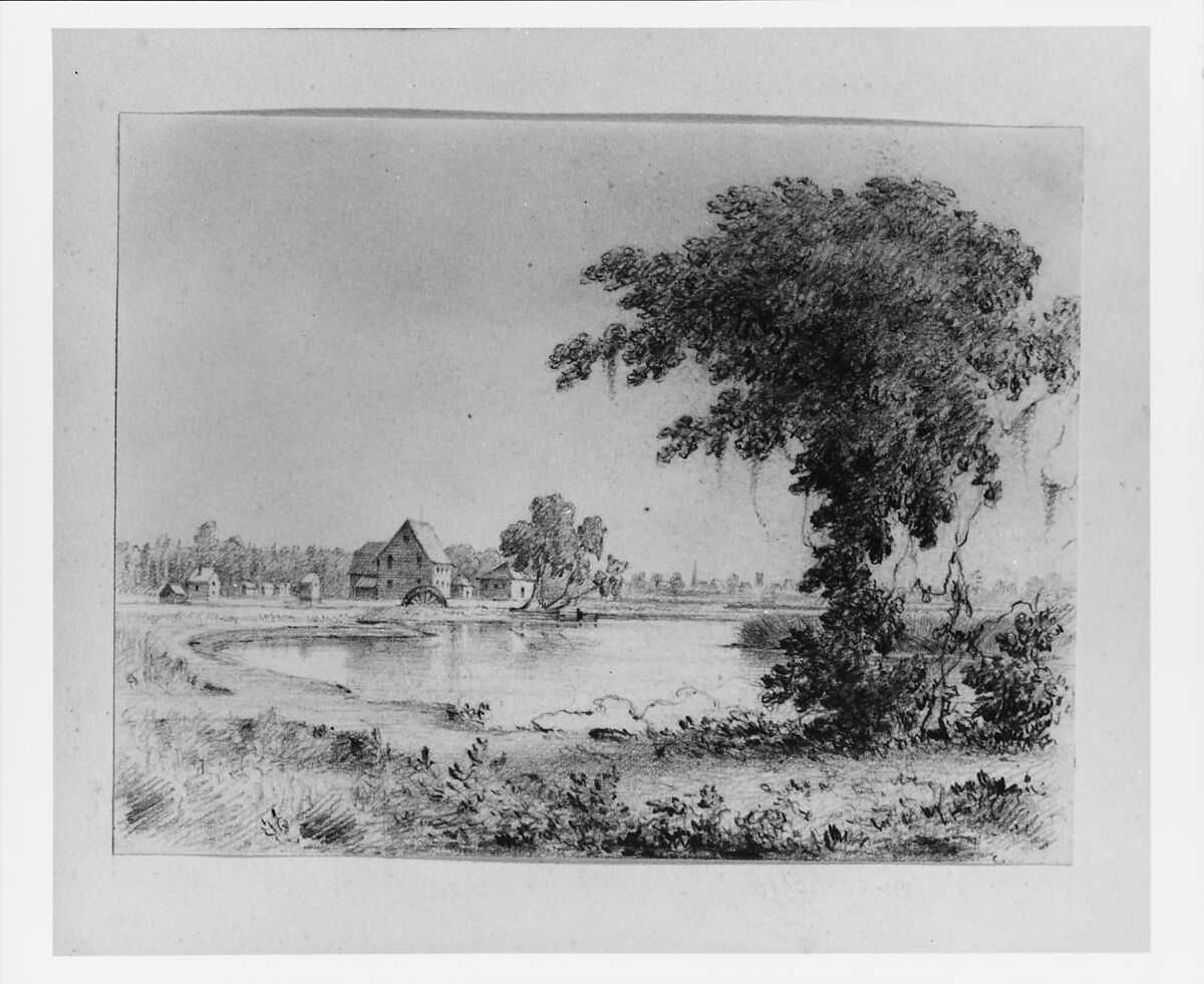 Lake Scene with Cottages (from Cropsey Album), Thomas Addison Richards (1820–1900), Graphite on smooth-textured white wove paper, American
