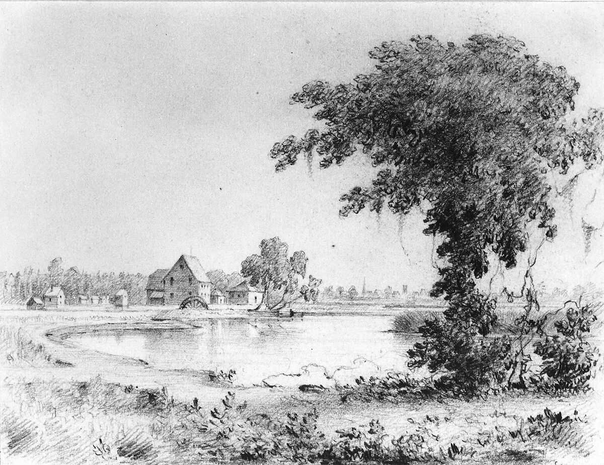 Lake Scene with Cottages (from Cropsey Album), Thomas Addison Richards (1820–1900), Graphite on smooth-textured white wove paper, American 