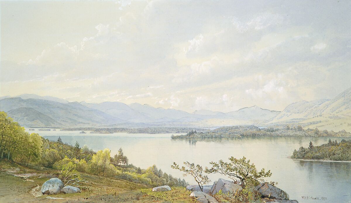 Lake Squam and the Sandwich Mountains, William Trost Richards (American, Philadelphia, Pennsylvania 1833–1905 Newport, Rhode Island), Watercolor, gouache, and graphite on light gray wove paper, American 