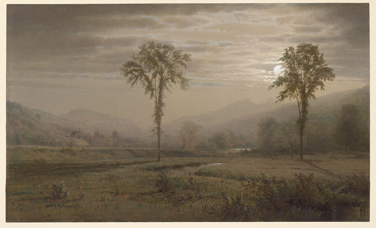 Moonlight on Mount Lafayette, New Hampshire, William Trost Richards (American, Philadelphia, Pennsylvania 1833–1905 Newport, Rhode Island), Watercolor, gouache, and graphite on gray-green wove paper, American