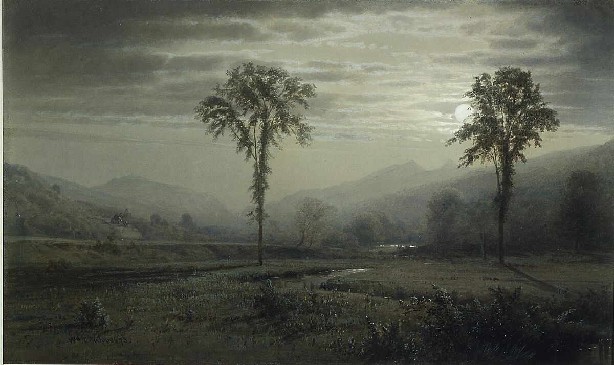 Moonlight on Mount Lafayette, New Hampshire, William Trost Richards (American, Philadelphia, Pennsylvania 1833–1905 Newport, Rhode Island), Watercolor, gouache, and graphite on gray-green wove paper, American 