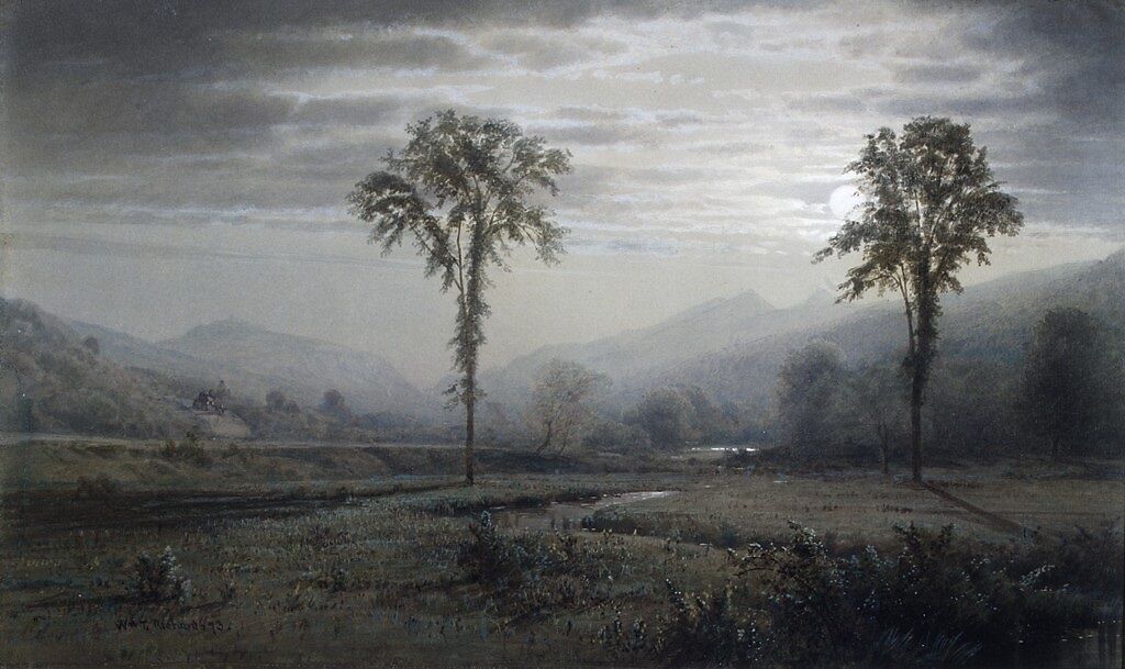 Moonlight on Mount Lafayette, New Hampshire, William Trost Richards (American, Philadelphia, Pennsylvania 1833–1905 Newport, Rhode Island), Watercolor, gouache, and graphite on gray-green wove paper, American