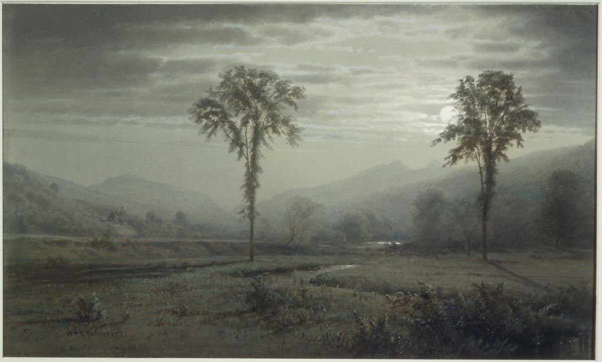 Moonlight on Mount Lafayette, New Hampshire, William Trost Richards (American, Philadelphia, Pennsylvania 1833–1905 Newport, Rhode Island), Watercolor, gouache, and graphite on gray-green wove paper, American