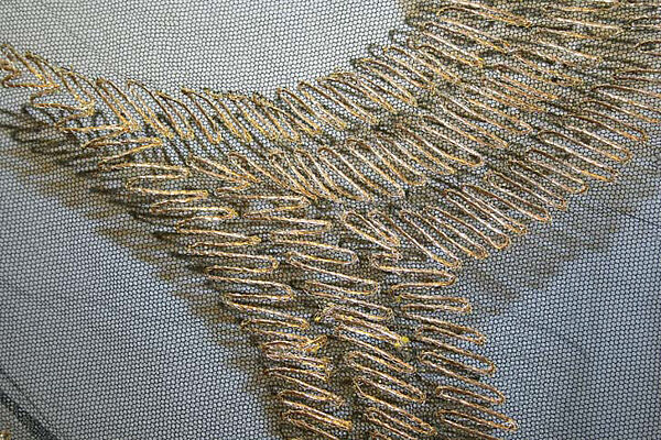 Scarf, silk, metallic thread, American