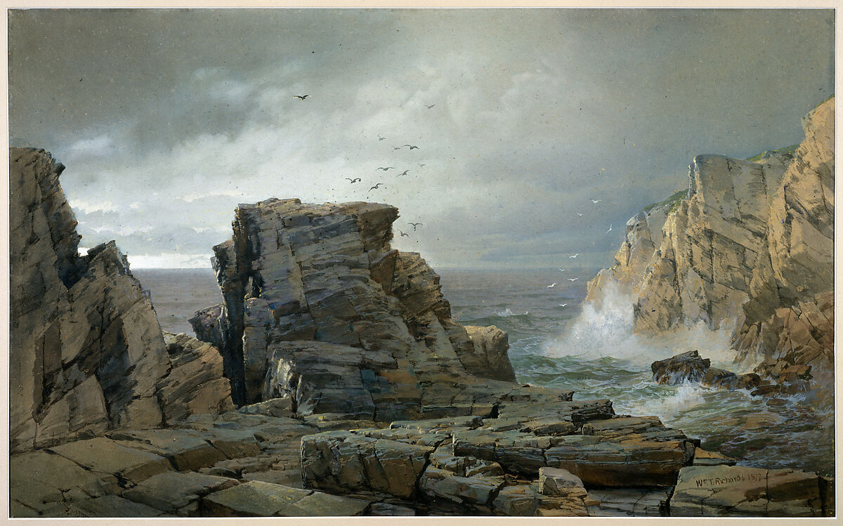 A Rocky Coast, William Trost Richards (American, Philadelphia, Pennsylvania 1833–1905 Newport, Rhode Island), Watercolor and gouache on fibrous brown wove paper, American 