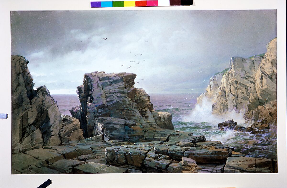 A Rocky Coast, William Trost Richards (American, Philadelphia, Pennsylvania 1833–1905 Newport, Rhode Island), Watercolor and gouache on fibrous brown wove paper, American