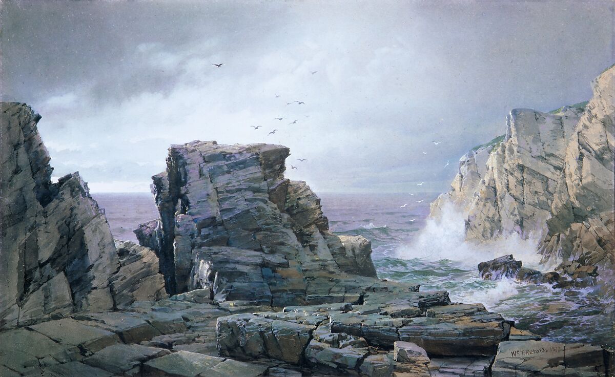A Rocky Coast, William Trost Richards (American, Philadelphia, Pennsylvania 1833–1905 Newport, Rhode Island), Watercolor and gouache on fibrous brown wove paper, American
