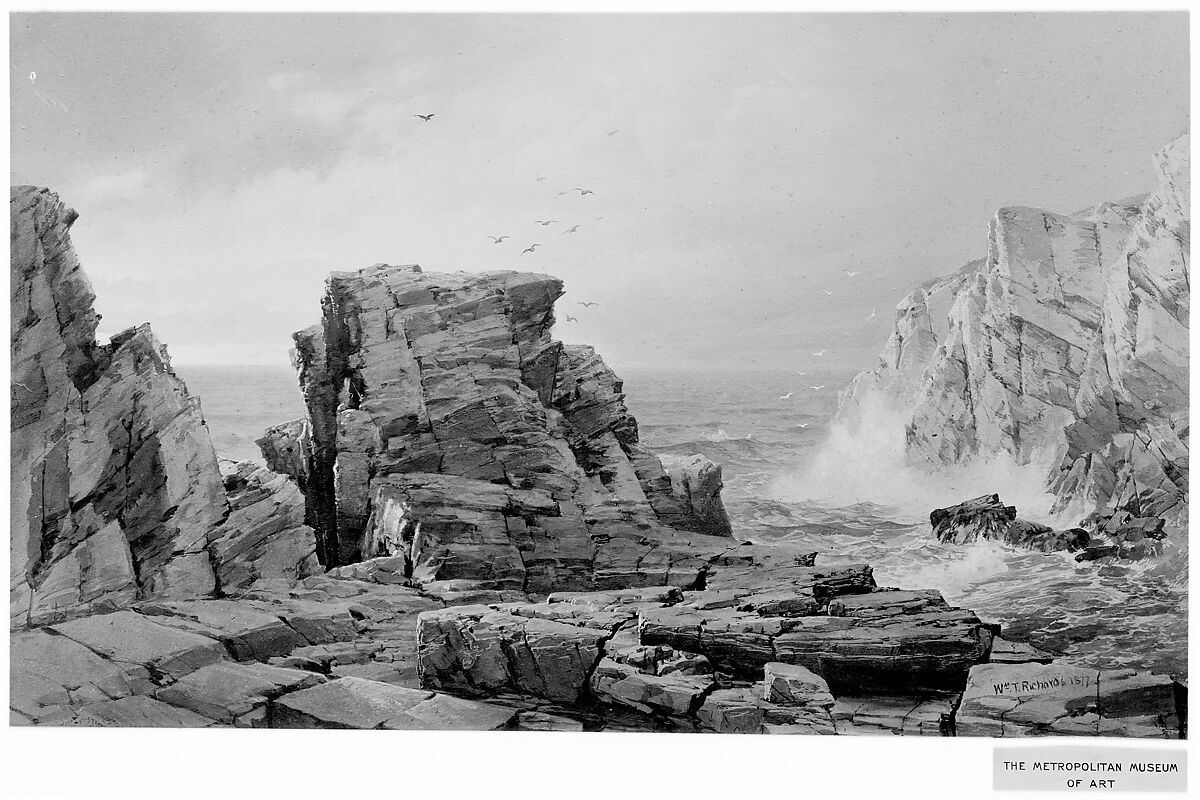 A Rocky Coast, William Trost Richards (American, Philadelphia, Pennsylvania 1833–1905 Newport, Rhode Island), Watercolor and gouache on fibrous brown wove paper, American