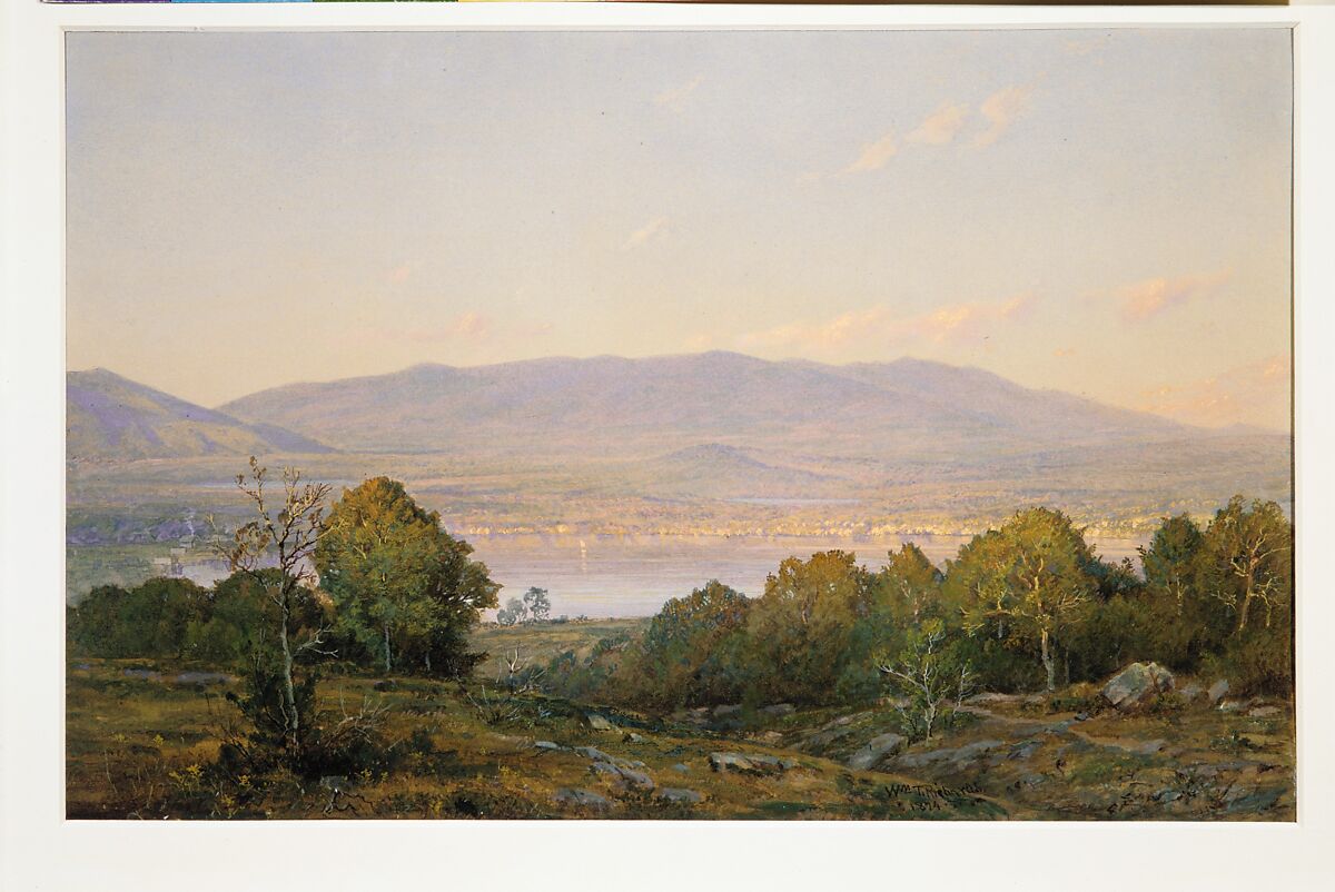 Sundown at Centre Harbor, New Hampshire, William Trost Richards (American, Philadelphia, Pennsylvania 1833–1905 Newport, Rhode Island), Watercolor, gouache, and graphite on gray-green wove paper, American