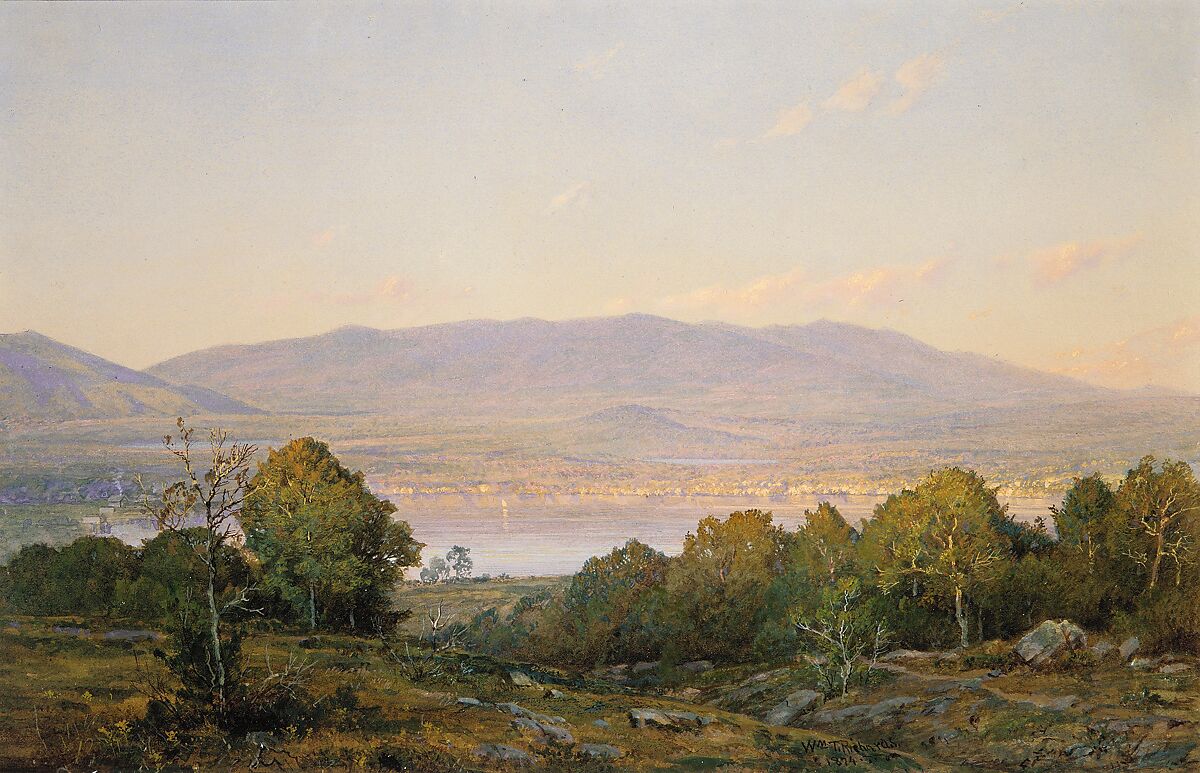 Sundown at Centre Harbor, New Hampshire, William Trost Richards (American, Philadelphia, Pennsylvania 1833–1905 Newport, Rhode Island), Watercolor, gouache, and graphite on gray-green wove paper, American 