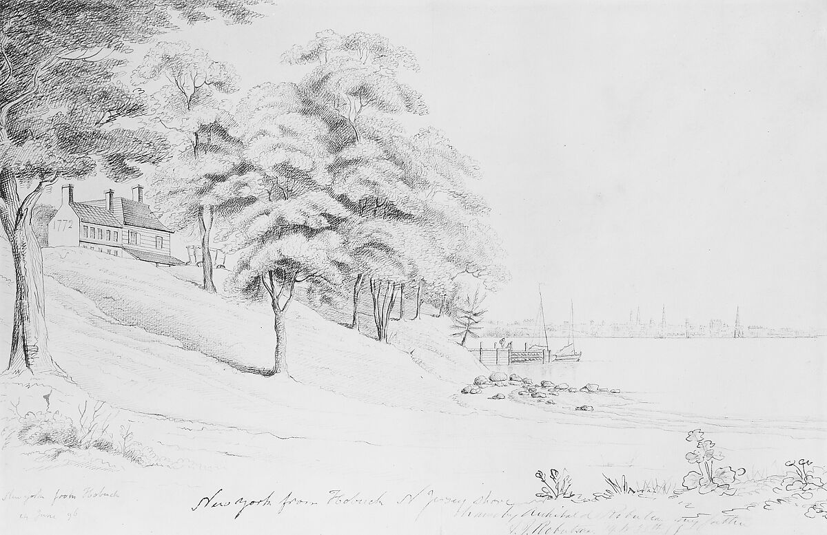New York from Hobuck, Alexander Robertson (1772–1841), Pen and iron-gall ink on off-white laid paper, American 