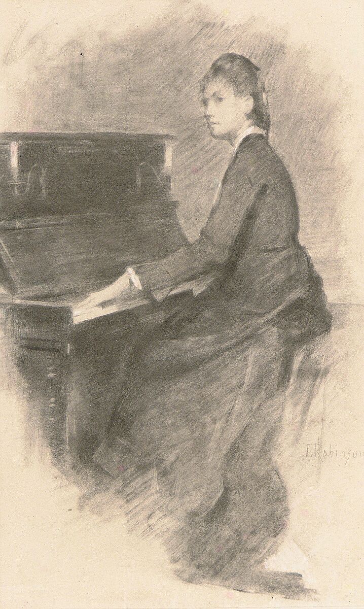 At the Piano, Theodore Robinson (1852–1896), Charcoal and gouache on off-white wove paper, American