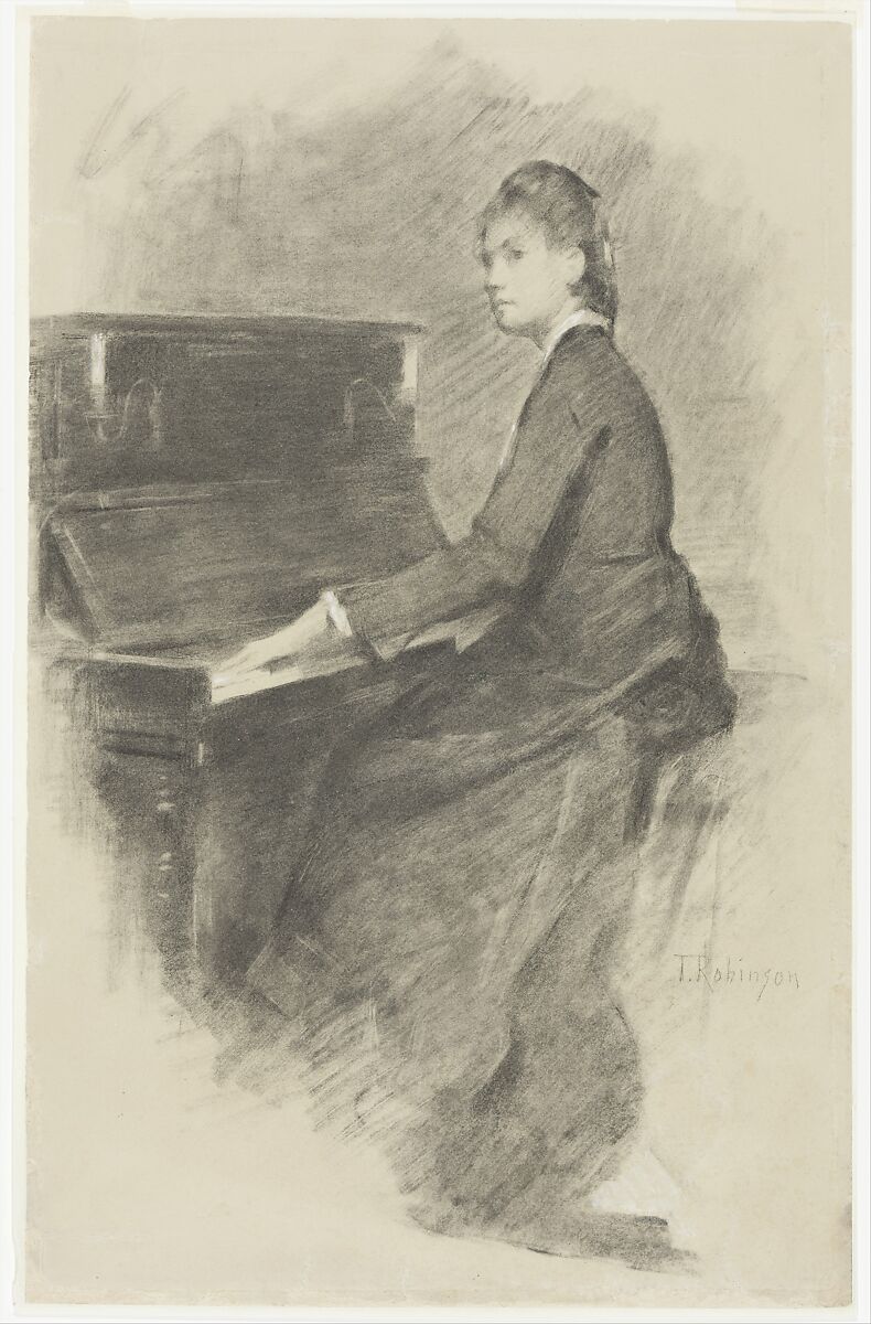 At the Piano, Theodore Robinson (1852–1896), Charcoal and gouache on off-white wove paper, American 