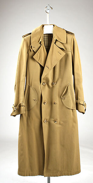 Trench coat, Bill Blass (American, Fort Wayne, Indiana 1922–2002 New Preston, Connecticut), a) cotton, plastic; b-d) cotton, metal; e-f) cotton, American 