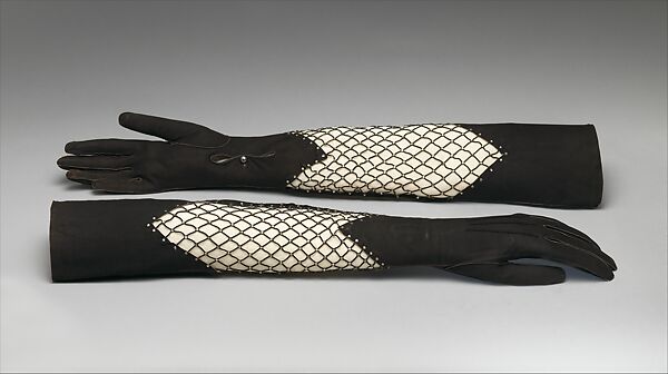 Gloves, Elsa Schiaparelli (Italian, 1890–1973), leather, rhinestones, silk, French 
