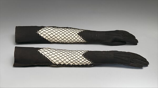 Gloves, Elsa Schiaparelli (Italian, 1890–1973), leather, rhinestones, silk, French