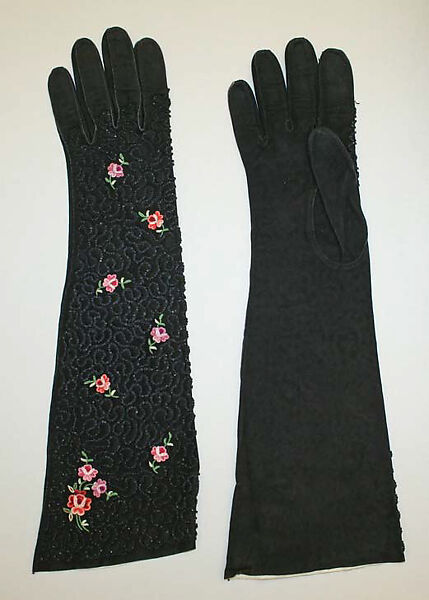 Evening gloves, leather, glass, silk floss, French 