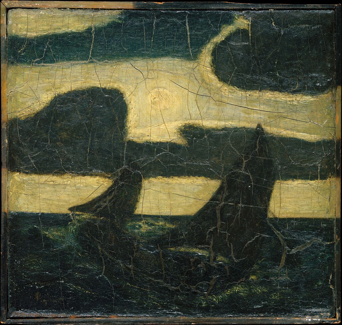 Moonlight Marine, Albert Pinkham Ryder (American, New Bedford, Massachusetts 1847–1917 Elmhurst, New York), Oil and possibly wax on wood panel, American 