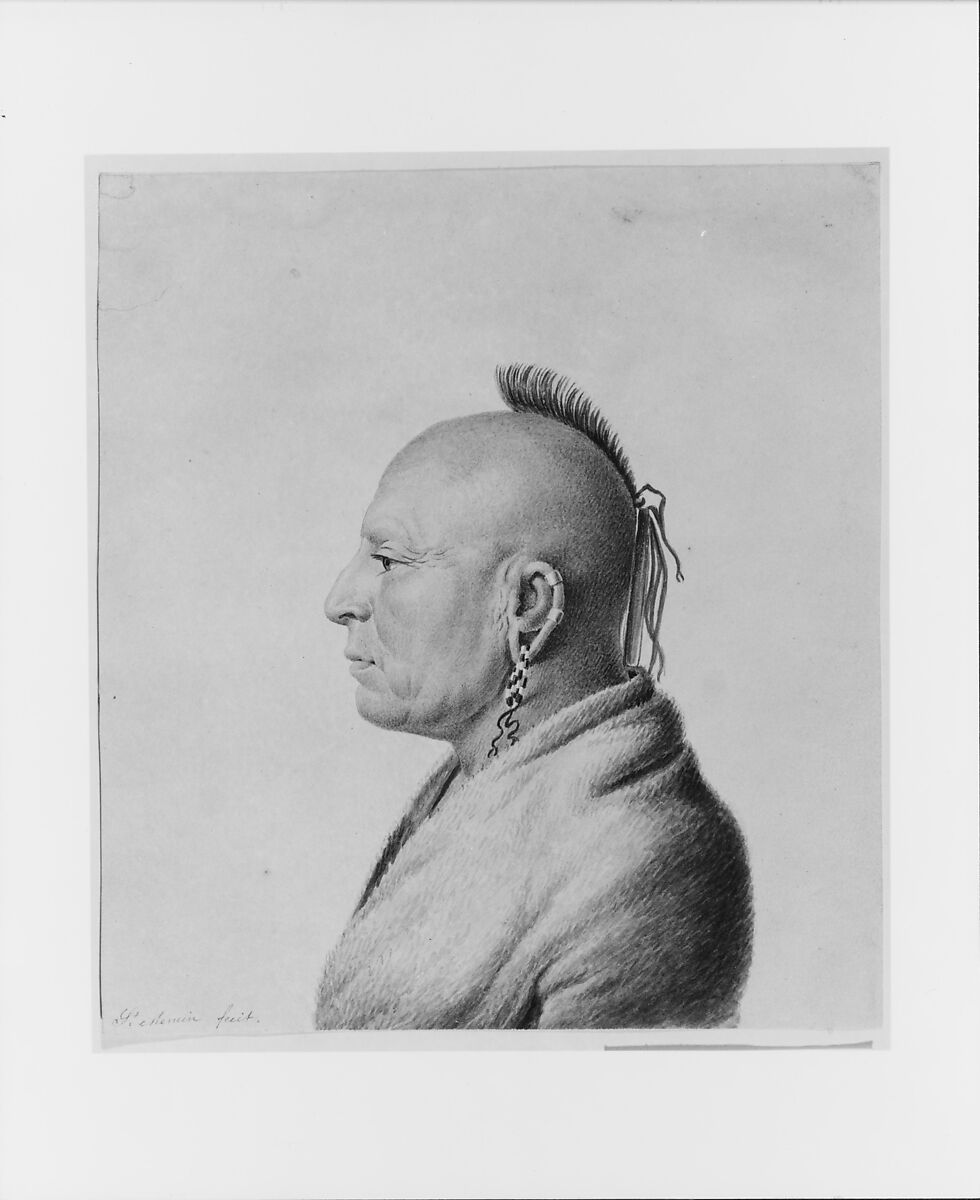 Osage Warrior, Charles Balthazar Julien Févret de Saint-Mémin (1770–1852), Watercolor and graphite on off-white wove paper, American