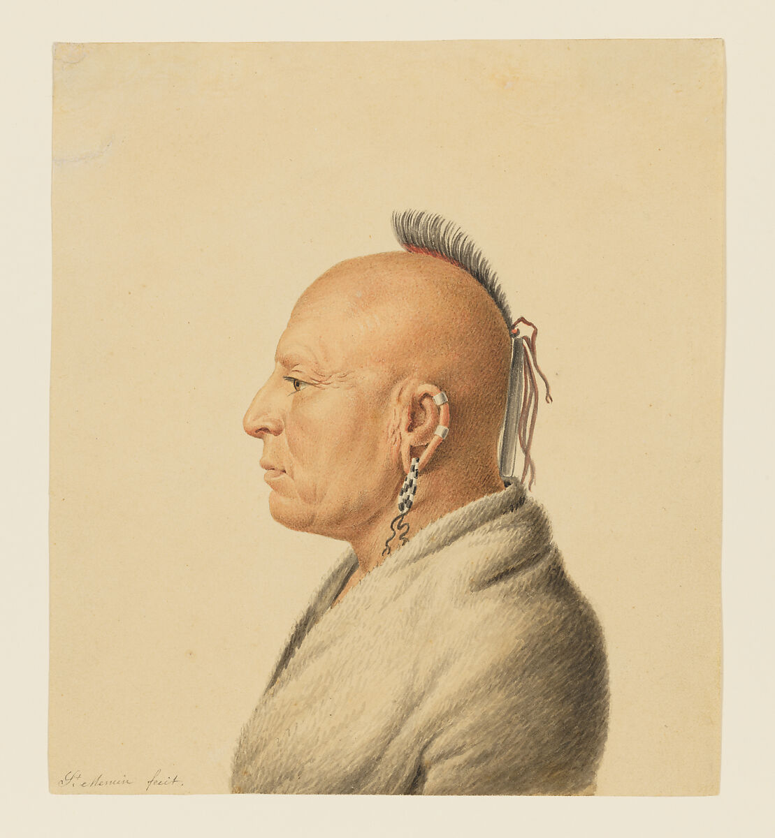 Osage Warrior, Charles Balthazar Julien Févret de Saint-Mémin (1770–1852), Watercolor and graphite on off-white wove paper, American