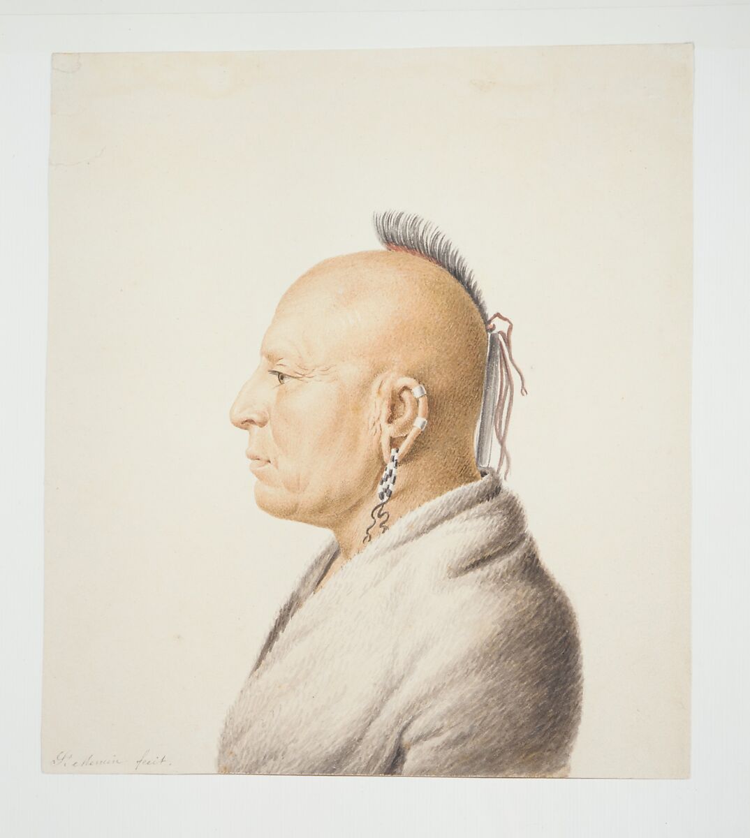 Osage Warrior, Charles Balthazar Julien Févret de Saint-Mémin (1770–1852), Watercolor and graphite on off-white wove paper, American