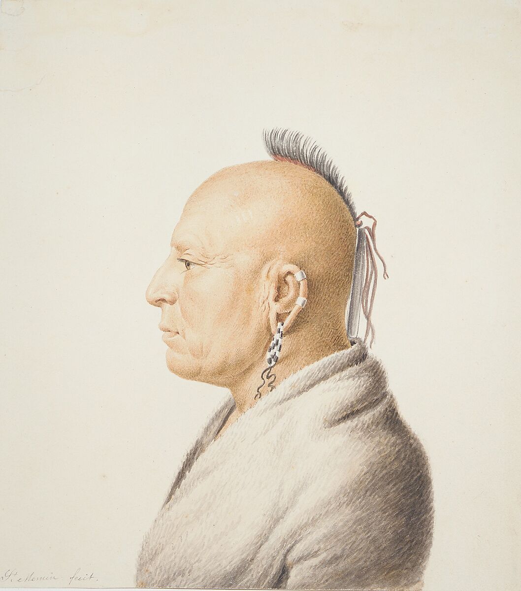 Osage Warrior, Charles Balthazar Julien Févret de Saint-Mémin (1770–1852), Watercolor and graphite on off-white wove paper, American