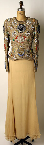 Evening ensemble, Carolina Herrera (American, born Venezuela, 1939), a)metallic, plastic, enamel, ceramic, copper, rhinestone, rayon; b) silk; c) wool, American 