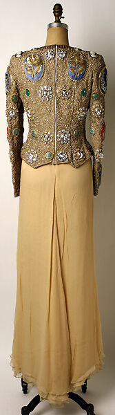 Evening ensemble, Carolina Herrera (American, born Venezuela, 1939), a)metallic, plastic, enamel, ceramic, copper, rhinestone, rayon; b) silk; c) wool, American