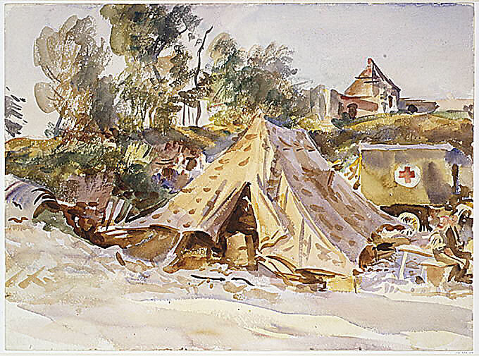 Camp with Ambulance, John Singer Sargent (American, Florence 1856–1925 London), Watercolor and graphite on white wove paper, American