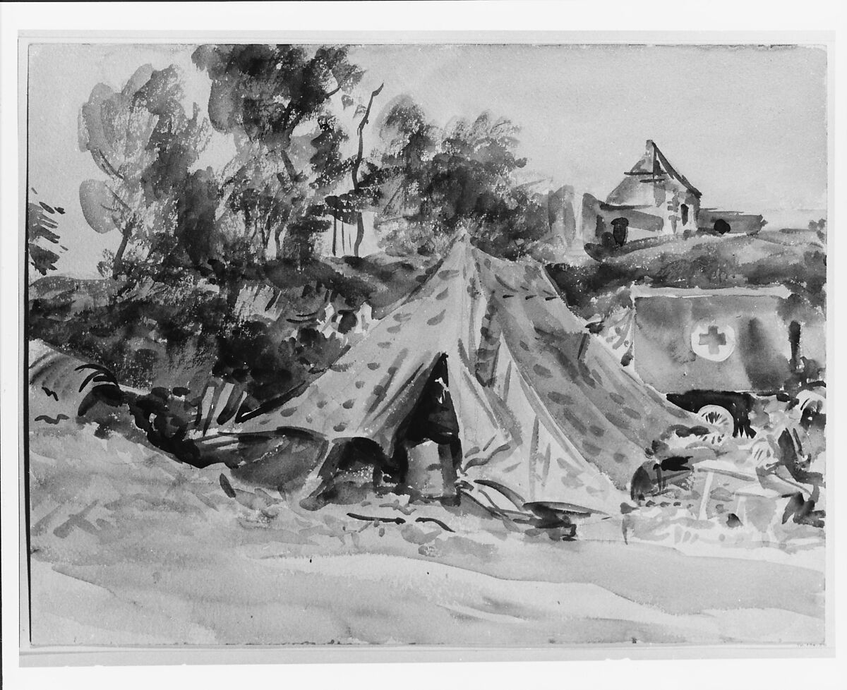 Camp with Ambulance, John Singer Sargent (American, Florence 1856–1925 London), Watercolor and graphite on white wove paper, American