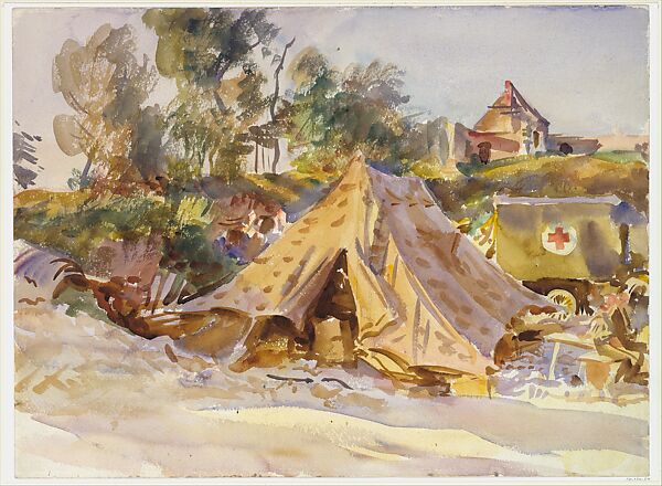 Camp with Ambulance, John Singer Sargent (American, Florence 1856–1925 London), Watercolor and graphite on white wove paper, American 