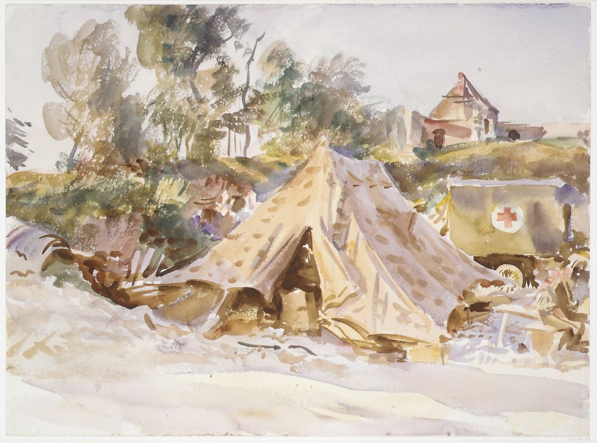 Camp with Ambulance, John Singer Sargent (American, Florence 1856–1925 London), Watercolor and graphite on white wove paper, American
