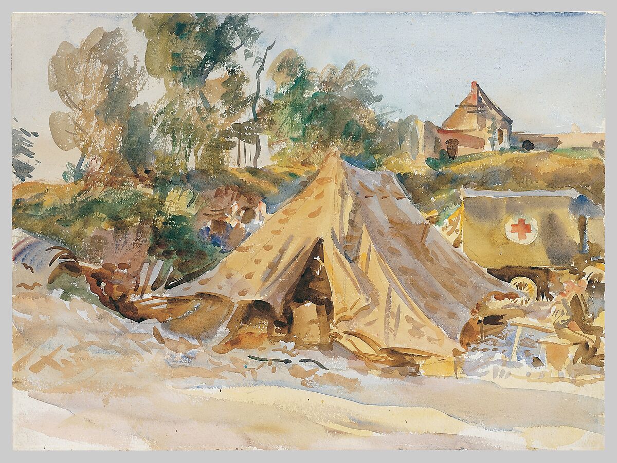 Camp with Ambulance, John Singer Sargent (American, Florence 1856–1925 London), Watercolor and graphite on white wove paper, American
