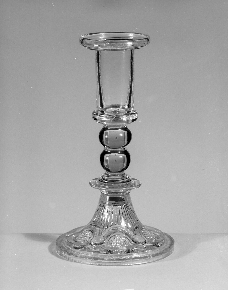 Candlestick, Lacy pressed glass, pewter, American 