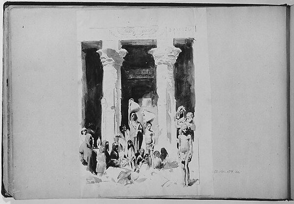 Nubians in front of the Temple of Dendur (from Scrapbook), John Singer Sargent (American, Florence 1856–1925 London), Brush and ink and graphite on off-white paper, American