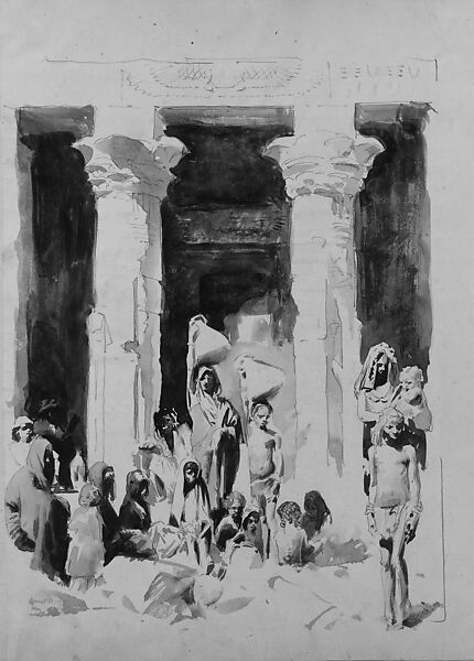 Nubians in front of the Temple of Dendur (from Scrapbook), John Singer Sargent (American, Florence 1856–1925 London), Brush and ink and graphite on off-white paper, American