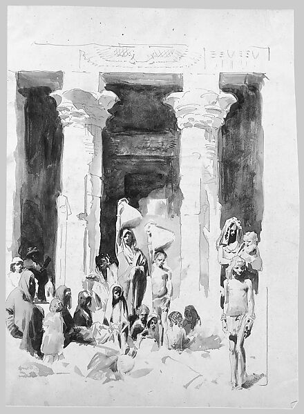 Nubians in front of the Temple of Dendur (from Scrapbook), John Singer Sargent (American, Florence 1856–1925 London), Brush and ink and graphite on off-white paper, American