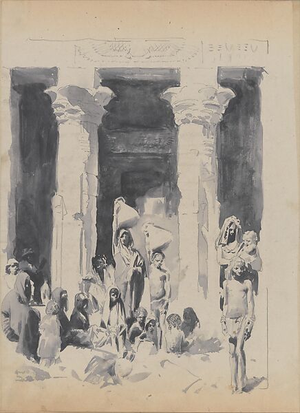 Nubians in front of the Temple of Dendur (from Scrapbook), John Singer Sargent (American, Florence 1856–1925 London), Brush and ink and graphite on off-white paper, American 